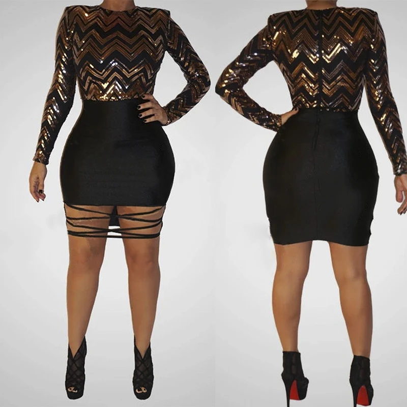 Gold 2 Сексуальное женское облегающее черное платье vestidos, платья для вечеринок, Украинская одежда sukienki, кружевное платье с блестками и длинным рукавом - Цвет: Gold 2