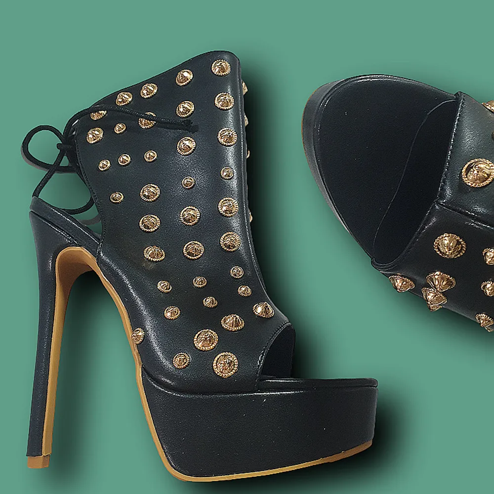 

Женские ботильоны из натуральной кожи, на платформе, с открытым носком и заклепками