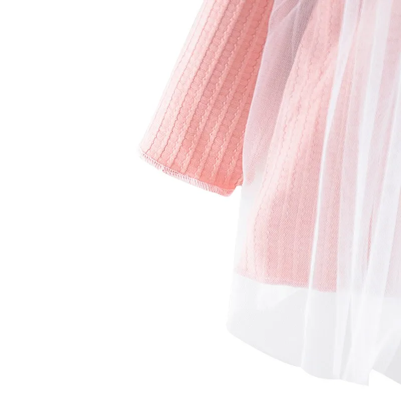Casual Baby Girls Dress Solid Print Mesh Dress Cotton Kids Toddler Long Sleeve Sundress