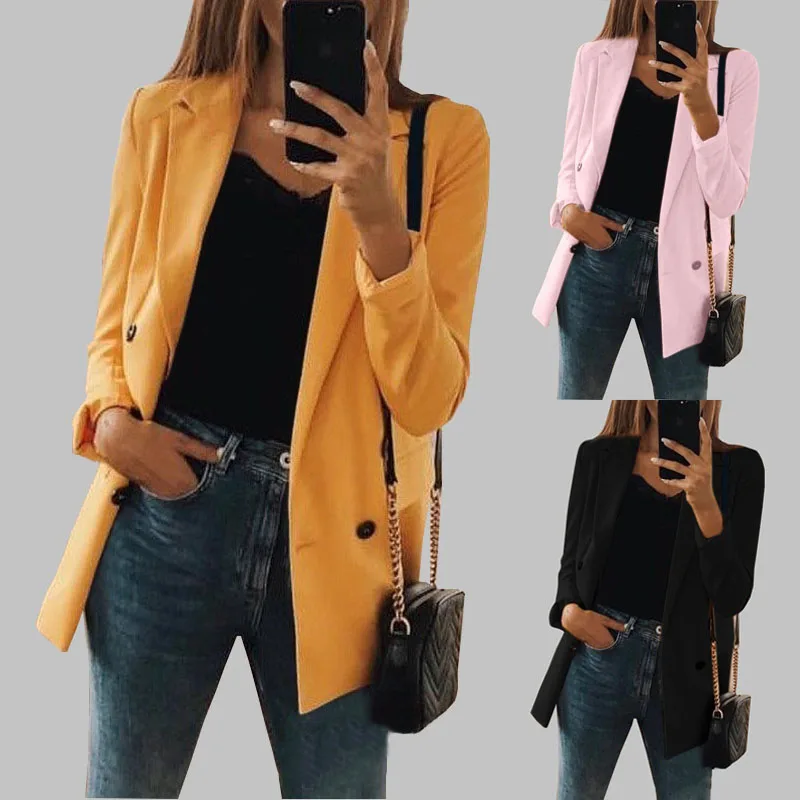 Laamei модные однотонные женские блейзеры куртки с Winth карманами женские офисные повседневные Костюмы Пальто Feminino блейзеры верхняя одежда