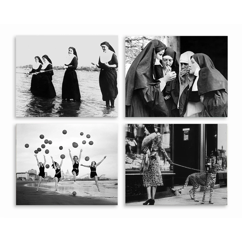 Vintage Nuns Print Black and White Photography Poster Nuns Smoking Fishing Wall Art Picture Canvas Painting Home Room Wall Decor