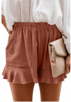 

women's clothes casual ruffle pocket shorts solid polyester casual Hight one-piece waist shorts