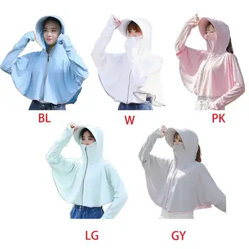 

Women Summer Hooded Long Sleeve Shawl Cape Sunscreen Ice Silk Wide Brim Hat Cropped Zipper Riding Cardigan Coat
