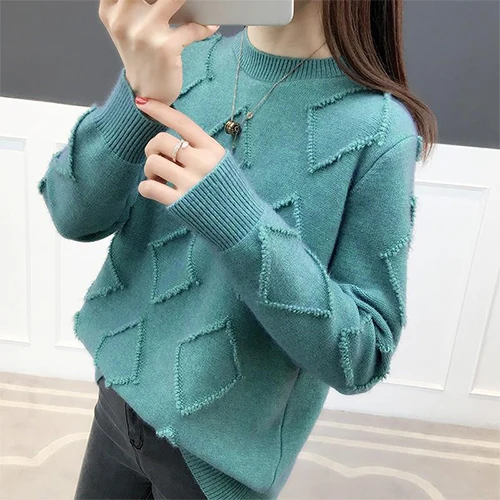 Зеленый Surmiitro корейский Argyle вязаный свитер для женщин осень зима дамы длинный рукав Джемпер трикотажный пуловер женский - Цвет: Зеленый