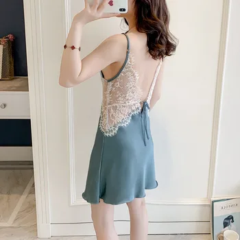 

Satin Lace Women Homewear Ladies Sexy Sleepwear Babydoll Nightdress Deep V-neck Nightgown Suspender Summer Soft Homewear