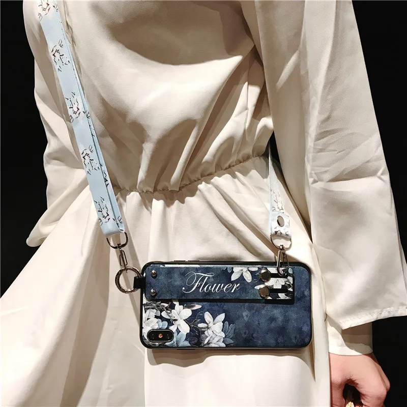 Glitter Flowers Case For Samsung Galaxy S8 S9 S10 5G S20 Plus S21 FE S22 Note 8 9 10 20 Ultra Shoulder Strap Lanyard Phone Cover