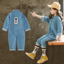 Осень, стиль, модные стильные джинсы для девочек рабочая одежда, цельный комбинезон с длинными рукавами и вышивкой, детские штаны в Корейском стиле