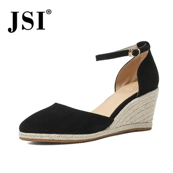 

JSI Basic Women Shoes Leather Wedge Pumps Mature Style Pumps Shoes For Women Metal Decoration Pointed Toe Dress Shoes JO584