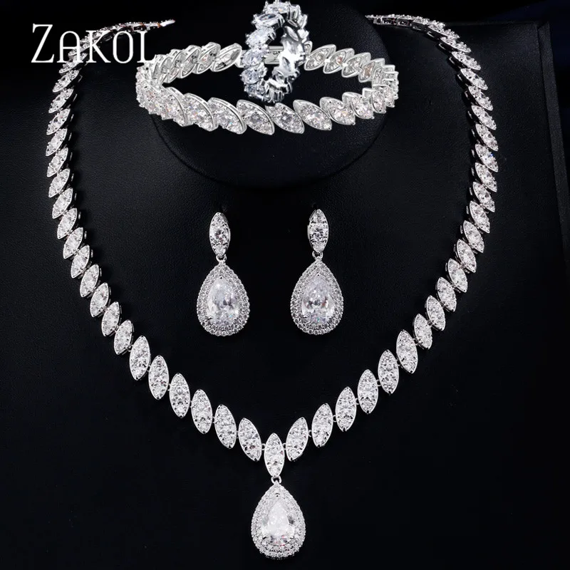 White ZAKOL 4 шт. Блестящий кубический циркон ожерелье серьги кольцо и браслет свадебные ювелирные наборы Аксессуары для платья FSSP3147 - Окраска металла: White