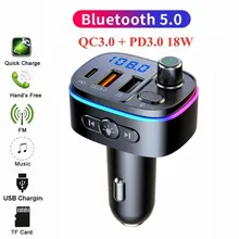 2021 bluetooth 5.0 fm transmissor carro mp3 player sem fio kit de carro handsfree qc3.0 + pd dupla usb carga rápida 7-color led retroiluminado