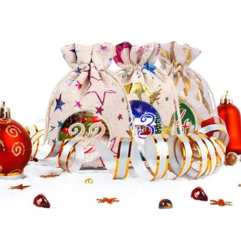 

Christmas Drawstring Gift Bag 24-Day Countdown Calendar Bag Burlap Hnaging Bag Xmas For Christmas Tree Fireplace Wall Decoration