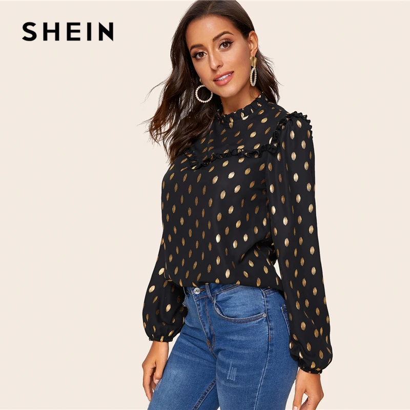 SHEIN черная блузка с оборкой и рукавом-фонариком, с золотым принтом в горошек, женская блузка, весенний сезон осень, со стоячим воротником, элегантные офисные женские блузки