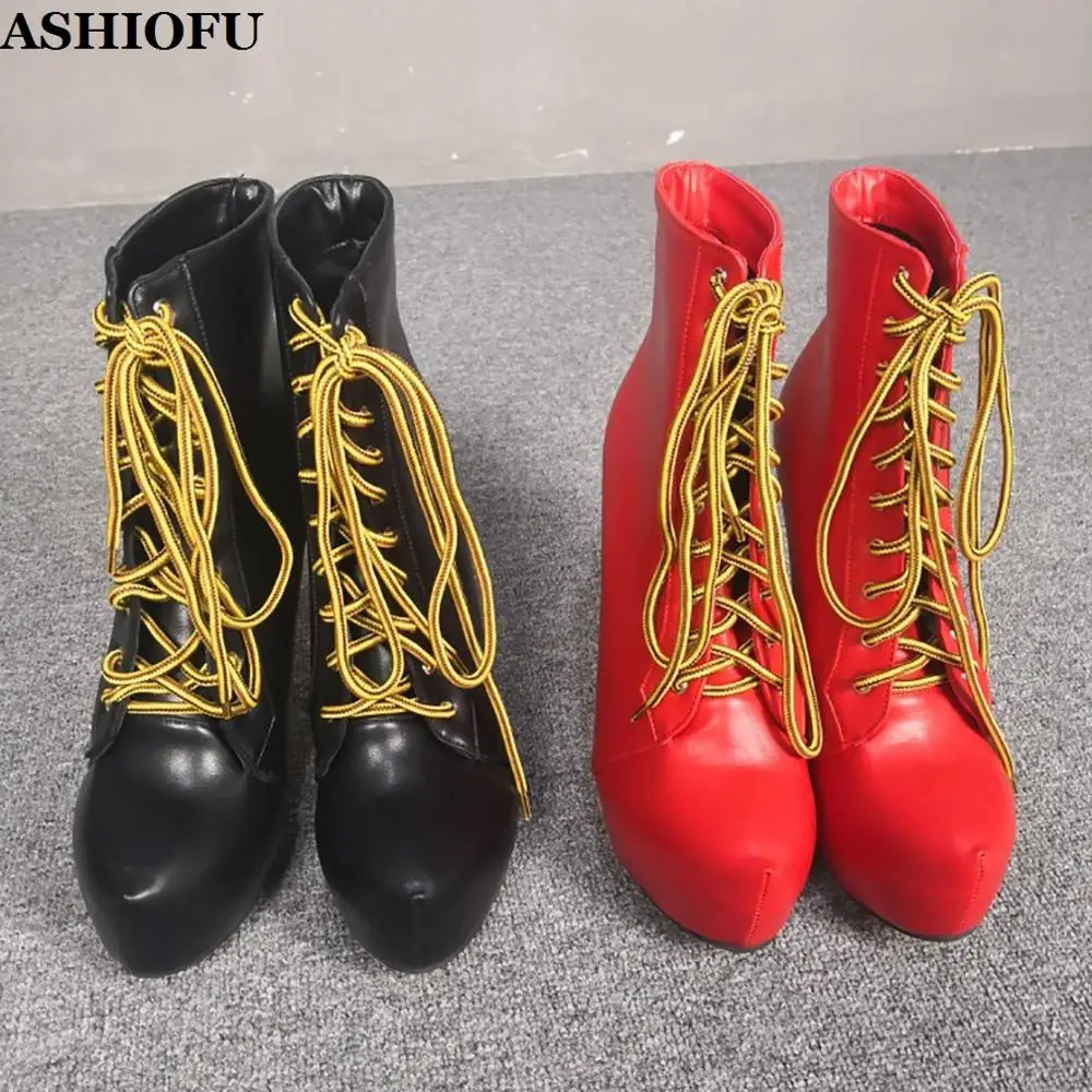 

ASHIOFU Handmade Ladies High Heel Platform Boots Cross-shoelace Party Prom Ankle Boots Daily Wear Fashion Short Boots Two-colors
