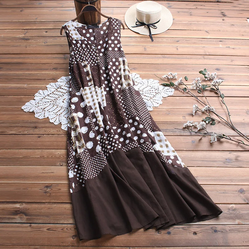 Coffee ZANZEA женское Макси длинное платье летнее богемное Vestidos женское без рукавов карманы лоскутное печатное вечерние сарафан большого размера - Цвет: Coffee