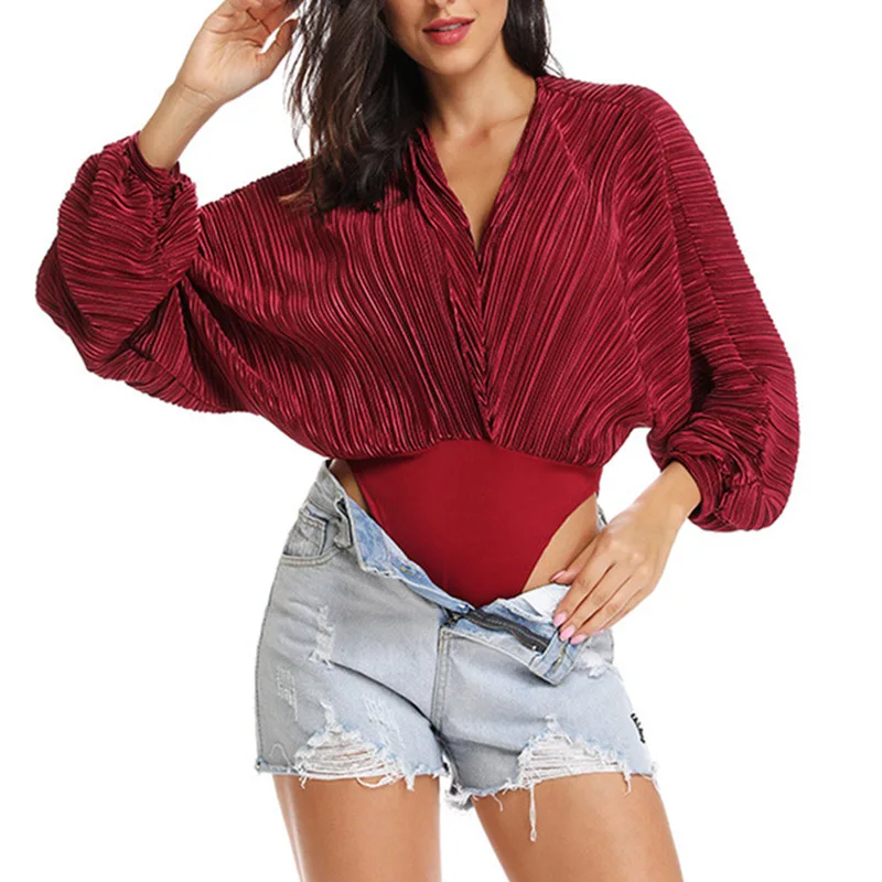 2 Модный Элегантный Auturm рукав летучая мышь морщин комбинезоны сексуальный глубокий комбинезон с v-образным вырезом Женский облегающий костюм-боди - Цвет: 2