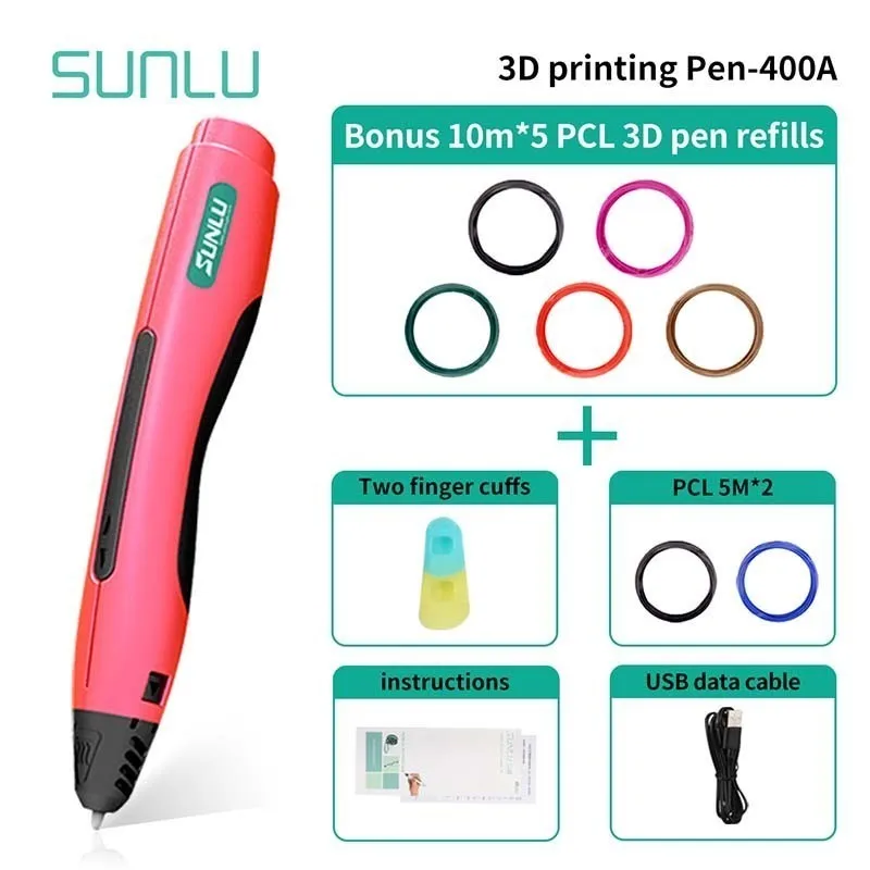 

SL-400A 3D Scibble Pen For Children Creation Low Temperature PCL 3D Pen Prevent Burns SUNLU 3D Drawing Pen New Box Set