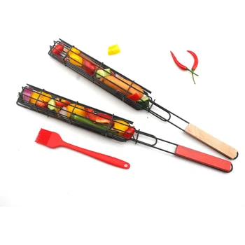 

Nonstick Handle Net Basket Grilling Durable Meshes meat BBQ Stainless Steel Portable Kabob Tools Reusable Kitchen Barbecue