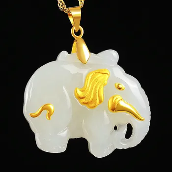 

Natural Chinese Hetian White yu Mosaic Pendant Elephant Beautiful Jewelry Necklace Carved Fashion Charm Amulet Gifts