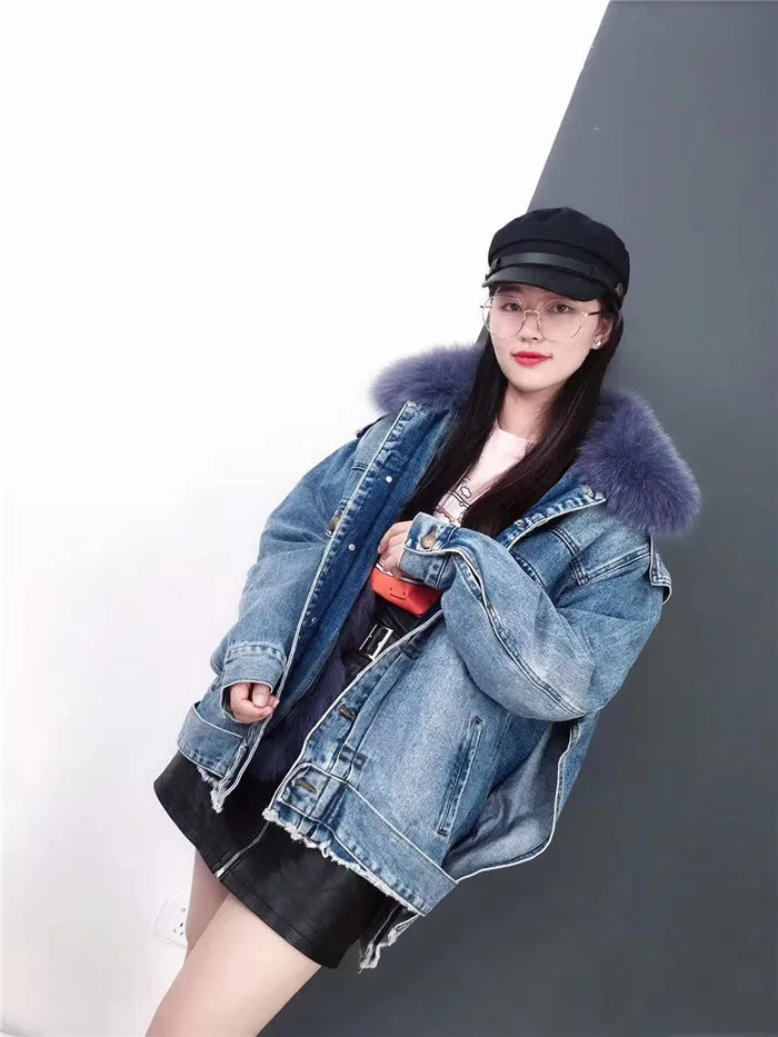 real fur coat Winter Jacket Women Coat Real fox Fur lined denim jacket Parka back letter print
