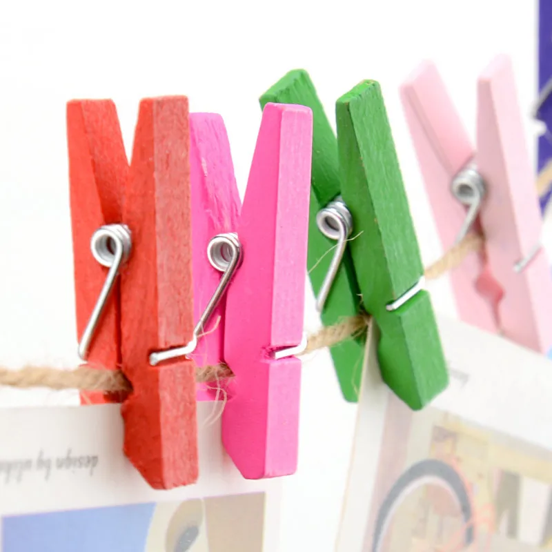 3 Set Wooden Clothespin Photo Paper Clips Peg Pin Craft Postcard Clips With Rope 