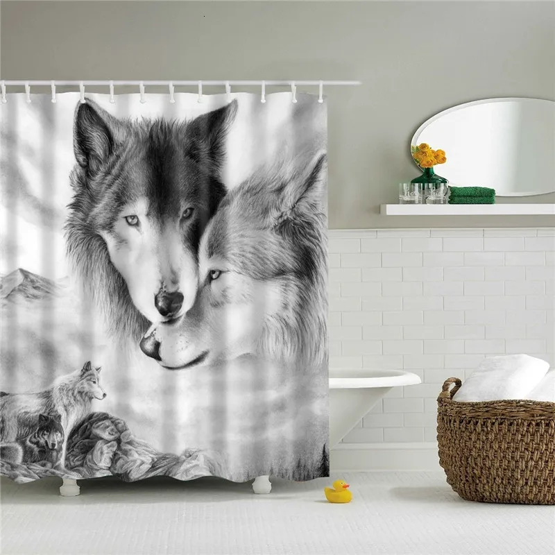 Волки напечатаны 3d занавески для душа s Водонепроницаемый полиэстер ткань Шторка для ванной занавес для ванной экран Декор шторы с крючками - Цвет: TZ161228