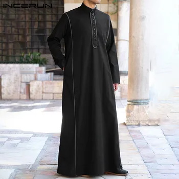 

Men Saudi Arabia Islamic Kaftan Long Sleeve Solid Robes Button Stand Collar Retro Men Jubba Thobe INCERUN Muslim Clothing S-5XL