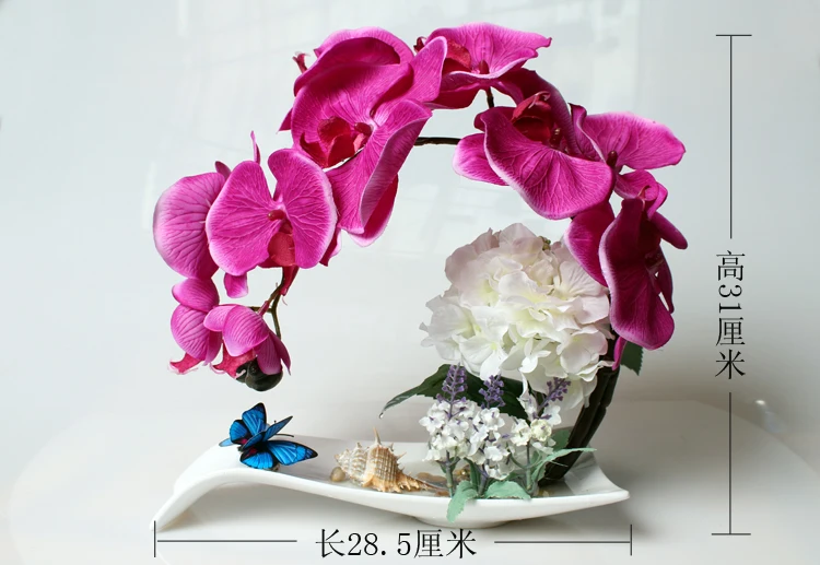 Butterfly Orchid Artificial Flowers Set Fake Flower Ceramic Vase Ornament Phalaenopsis Figurine Home Furnishing Decoration Craft