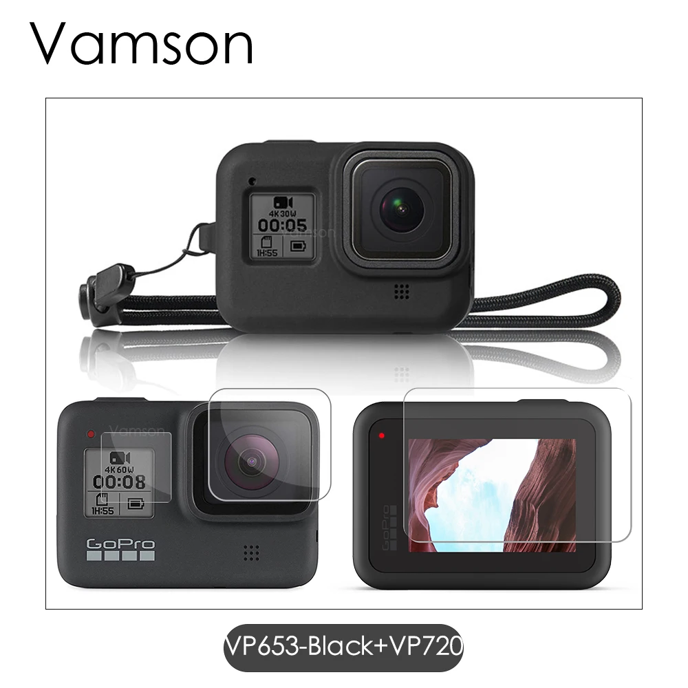 Vamson для GoPro Hero 8 черный силиконовый защитный чехол Крышка объектива ЖК-экран Защита от пыли для GoPro аксессуары VP653 - Цвет: VP653-Black-VP720