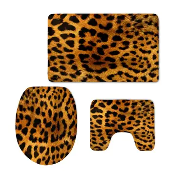 

Soft Flannel Bathroom Contour Rugs Set of 3 Trendy Leopard Print Shaggy Non Slip Bath Mat and U-Shaped Toilet Floor Rug/Cover