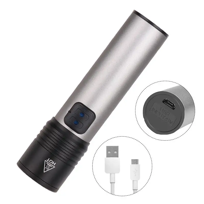 Portable T6 Flashlight LED USB Rechargeable Torch Zoom Flashlight with Built-in Battery for Outdoor Camping