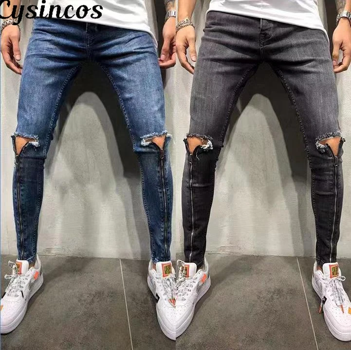 CYSINCOS, новинка, мужская мода, уличная одежда, джинсы, синие, обтягивающие, рваные, в полоску, джинсы, мужские, на молнии, хип-хоп штаны