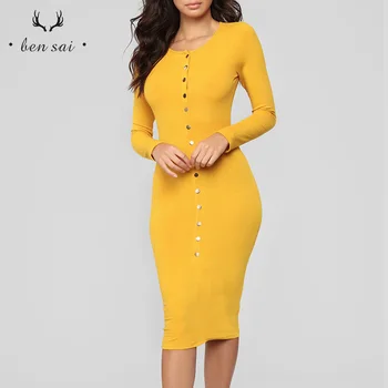 

New Ladies Fashion O-neck Sexy Dress Women Long Sleeves Slim Casual Clothes Female Button Comfort Dresses High Quality Autumn