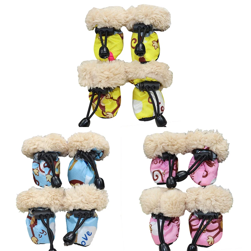 4pcs Waterproof Plush Pet Dog Shoes Winter Anti slip Rain Snow Boots Footwear Thick Warm For