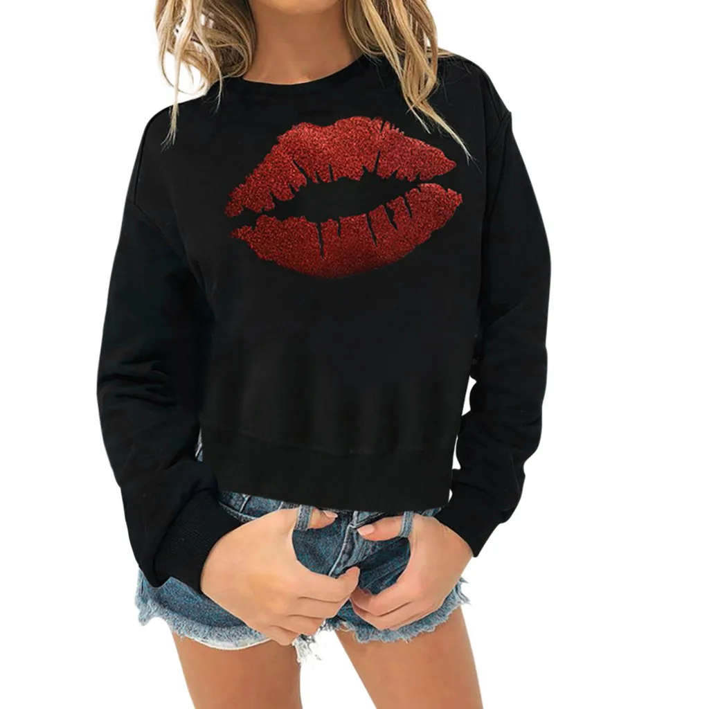 

Women's Blouse Fashion Casual Solid Color O-Lip Lips Print Long Sleeve Sweatshirt Sweater Top