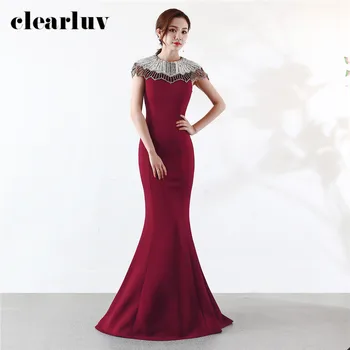 

Evening Gown with Pearls Plus Size O-Neck Elegant Formal Long Dresses DX378-1 2020 Short Sleeve Crystal Mermaid Evening Dresses