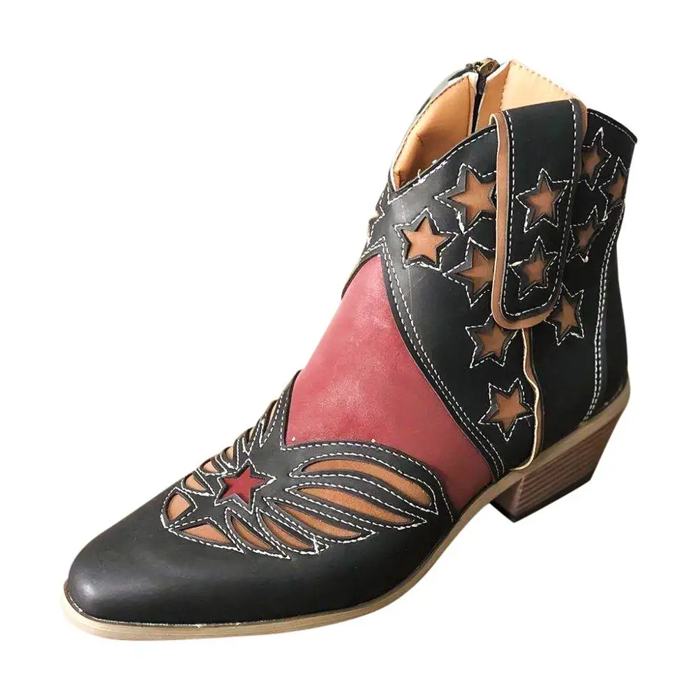 

Woman ankle boots 2020 Retro women shoes pointed top female high heel shoes Sewing Five-pointed star Western boots woman