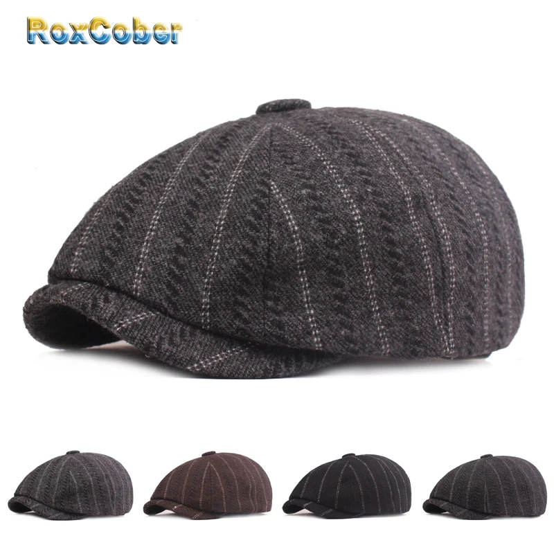 

[RoxCober] Wholesale Vintage Octagonal cap Autumn Winter Detective Painter Hats Flat Caps Newsboy Cap For Men stripe Beret Hats