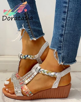

DORATASIA Bohemia Style Wedges Open Toe Sandals Summer Casual Beach Sandals Women Gladiator Rhinestone Shoes Woman large Size