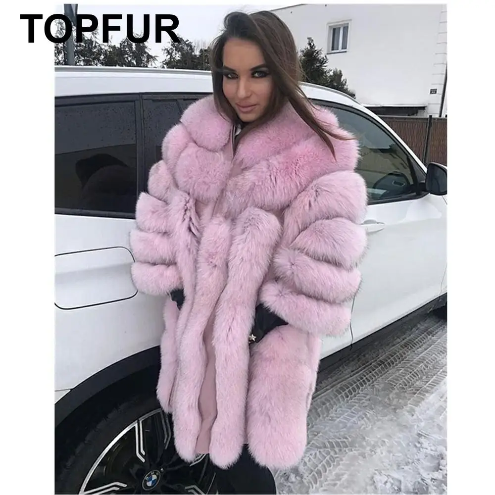 TOPFUR новые модные женские пальто из натурального Лисьего меха, зимнее длинное пальто из меха серебристой лисы, стандартное пальто с круглым вырезом, одежда с рукавами средней длины