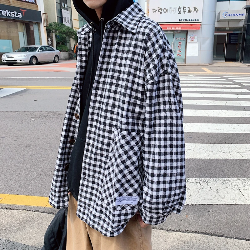 UYUK2019 Winter New Casual Loose Fashion Trend Lapel Single Row Buckle Wool Material Thick Plaid Shirt Men's Jacket Hombre - Цвет: black