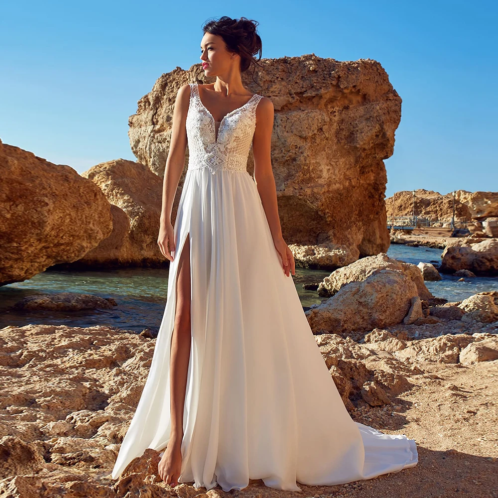 

Boho Lace Chiffon Wedding Dresses Backless Sleeveless Sexy Slit V-neck Straps A Line Bridal Gown Floor Length Beach Bride Gowns