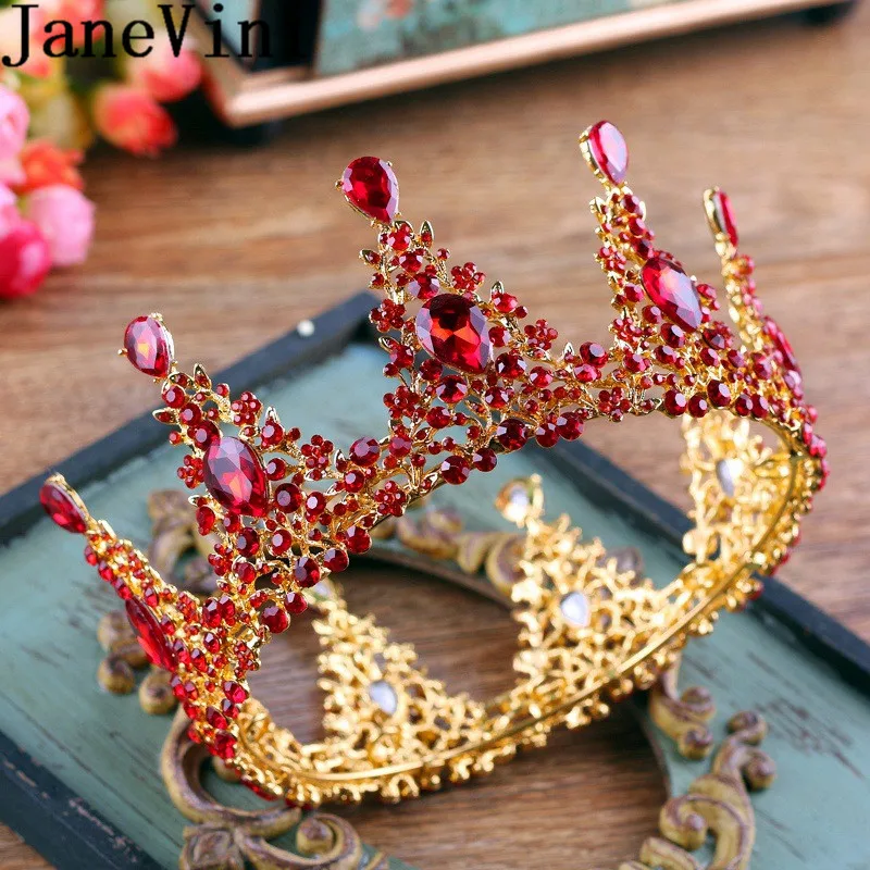 JaneVini Арабская Женская головная повязка Красный Кристалл невесты ювелирные изделия на волосы индийский свадебный круглый короны барокко Золотой металлический головной убор диадемы