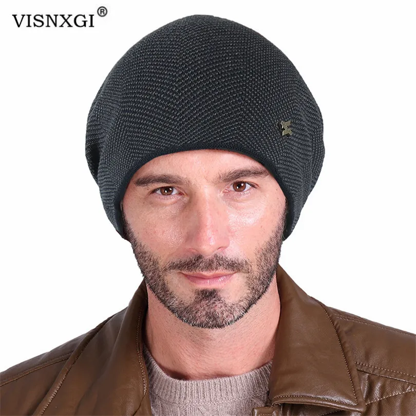 VISNXGI, зимняя мужская шапка, шапки бини, Толстые мужские зимние шапки Skullies, шапка в стиле хип-хоп, вязаная акриловая шапка, вязаная крючком, женская шапка