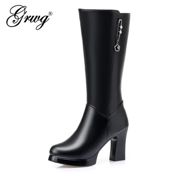 

GRWG Real Wool Women Snow Boots Knee High Warm Genuine Leather Fur Warm Shoes New Fashion Platform Heel for Women Winter Boots
