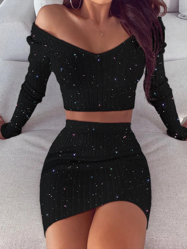 Glitter Off Shoulder Crop Top u0026 Skirt Sets Long Sleeve Crop Tops Mini Skirts  Party Club Dress Ladies 2 Piece Set - Dress Sets - AliExpress