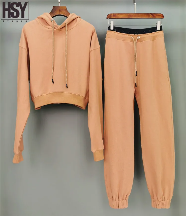 

【HSY】Embroidery Logo Joint Cooperation Models Long Sleeve Short Hooded Sweatshirt Sports Pants Cotton Sweater Suit Sportswear