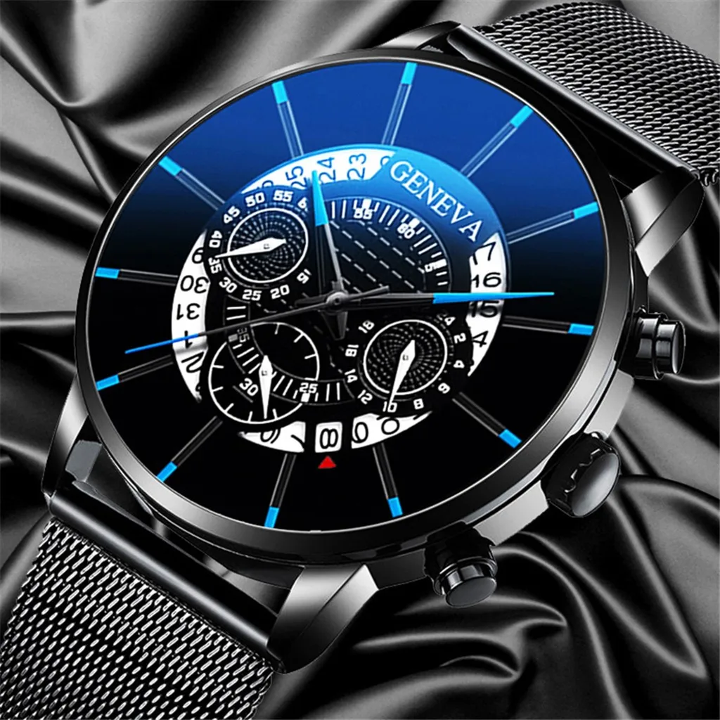 

Wholesale Fashion Cool Unique Digital Literal Multi Layer Dial Men Quartz Mesh Belt Watch