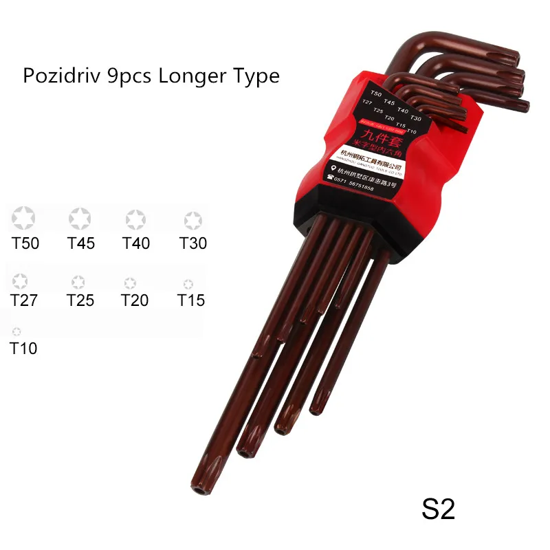 Pozidriv Longer S2 9 шт. шестигранник Аллен ключ гаечный ключ набор инструментов imbus матовый хром шаровой ключ Набор отвертка набор ремонтный набор инструментов - Цвет: Pozidriv Longer S2
