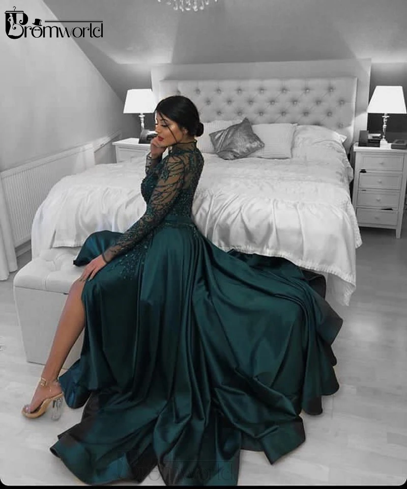 US $107.64 Illusion Long Sleeve Lace Beaded Emerald Green Evening Dresses 2020 ALine Split Satin Sexy Party Prom Gowns Robe De Soiree