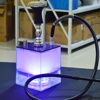 

High Quality Transparent Smoking Acrylic Aluminium Alloy Square Chicha Bottle Retail Cube Shisha Hookah Sets With LED Light